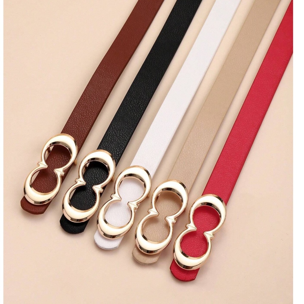 Luxe Vegan Leather Gold Tone Buckle Skinny Belt Set - Picture 2 of 3